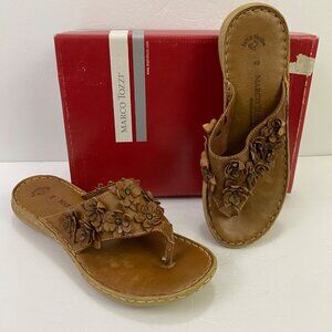 Marco Tozzi Leather Cognac Floral Studded Slip On Thong Sandals Made in Italy 40